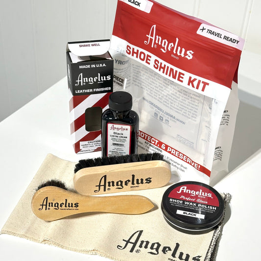 Angelus shoe shine kit contents brushes, shoe polish cloth and packaging