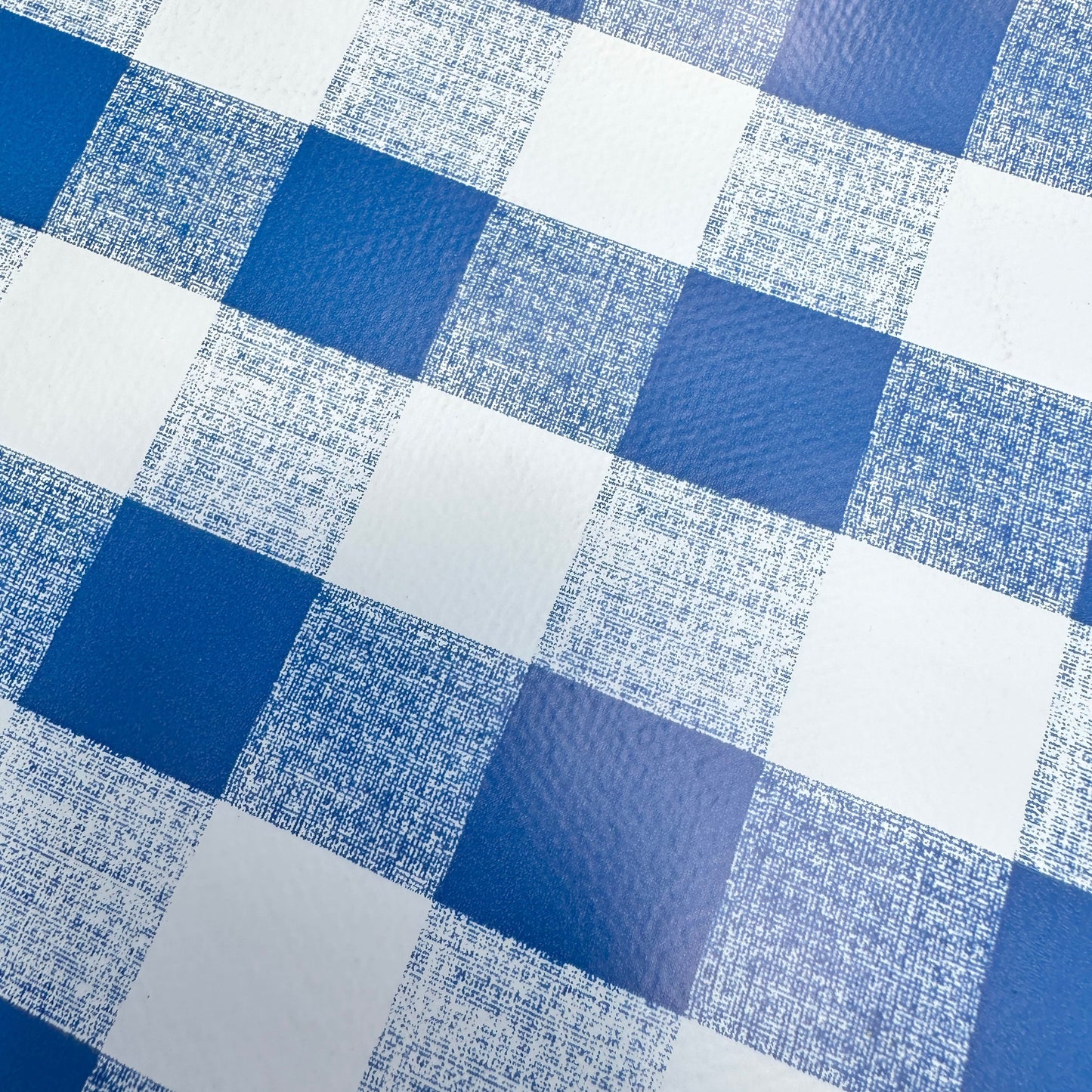 Close-up of a blue and white checkered pattern PVC gingham tablecloth