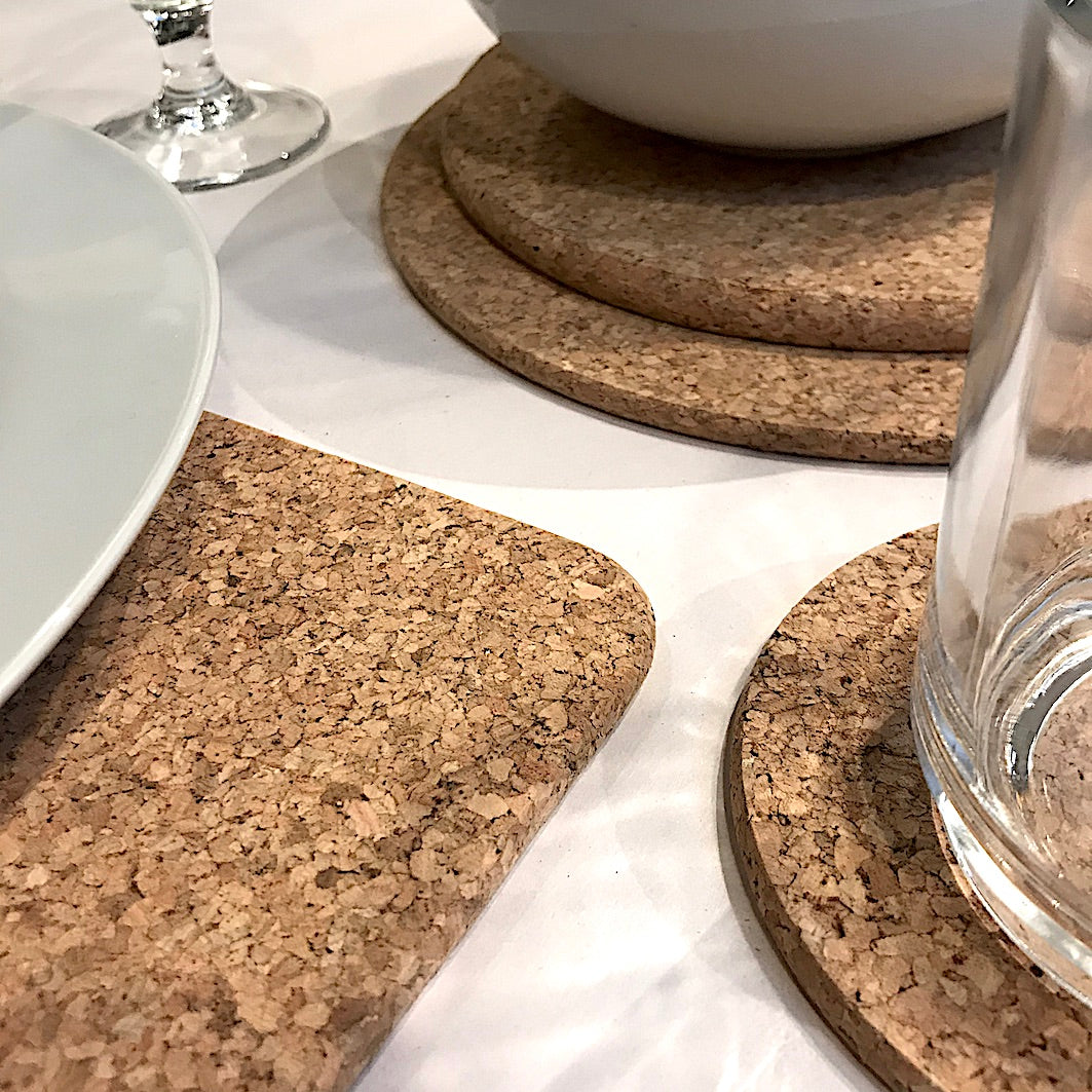 Cork mats and coaster table setting detail
