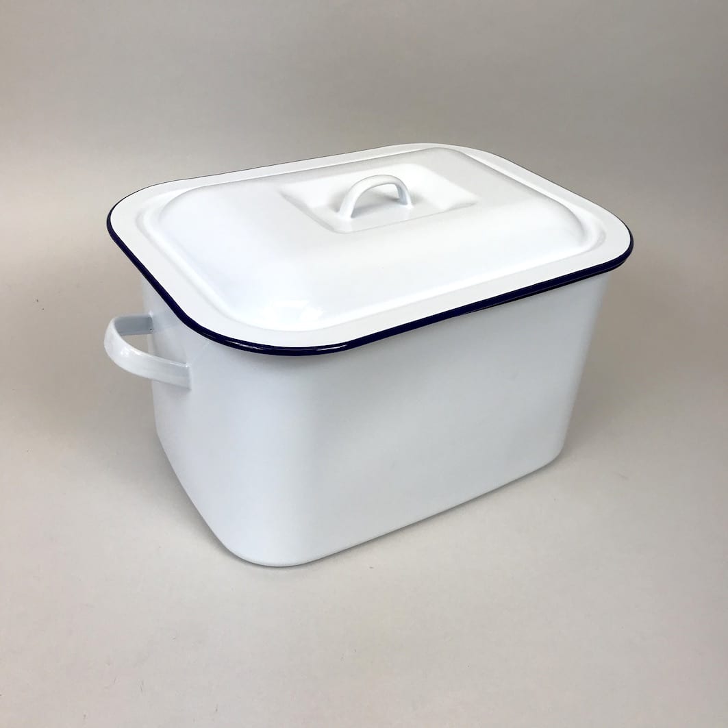 Plain white enamel bread bin no lettering with blue rim