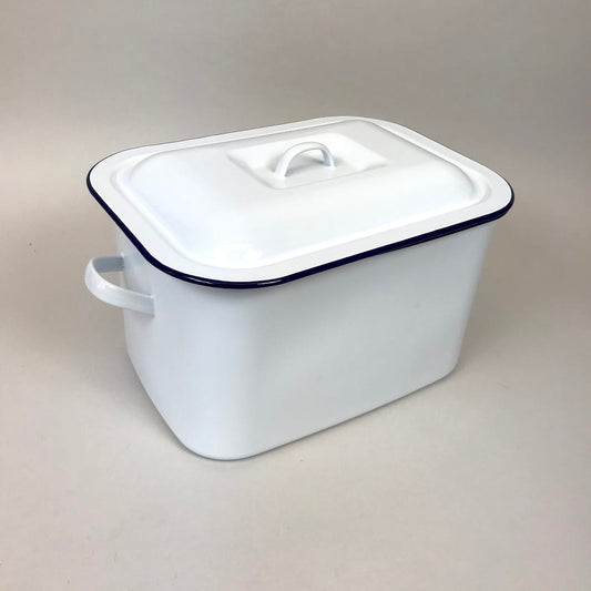 Plain white enamel bread bin no lettering with blue rim