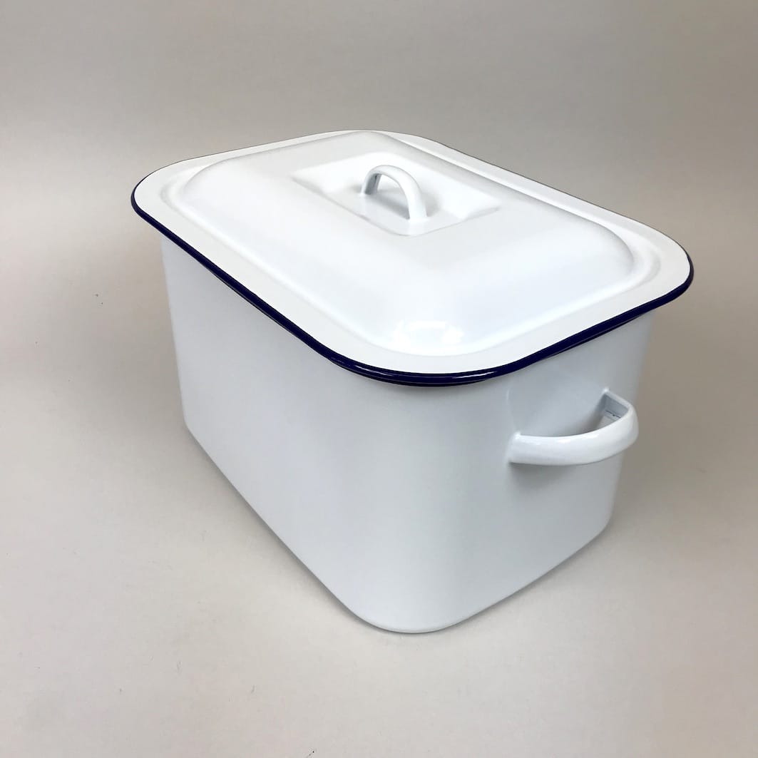 Plain white enamel bread bin white with blue rim no lettering