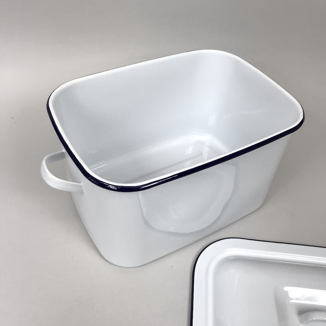 Enamel bread bin white with blue rim lid open
