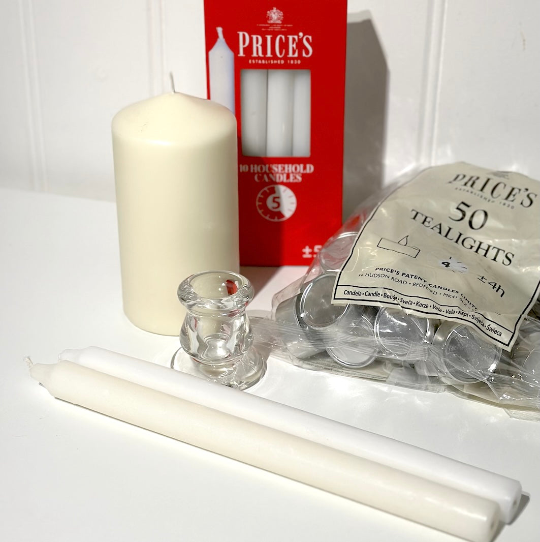 Candles altar dinner household tea lights white background