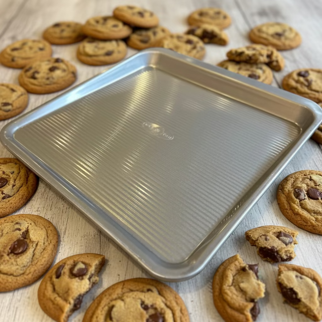 A square metal baking pan with a ribbed non-stick surface, resting on a stack of parchment paper in a kitchen or store setting.