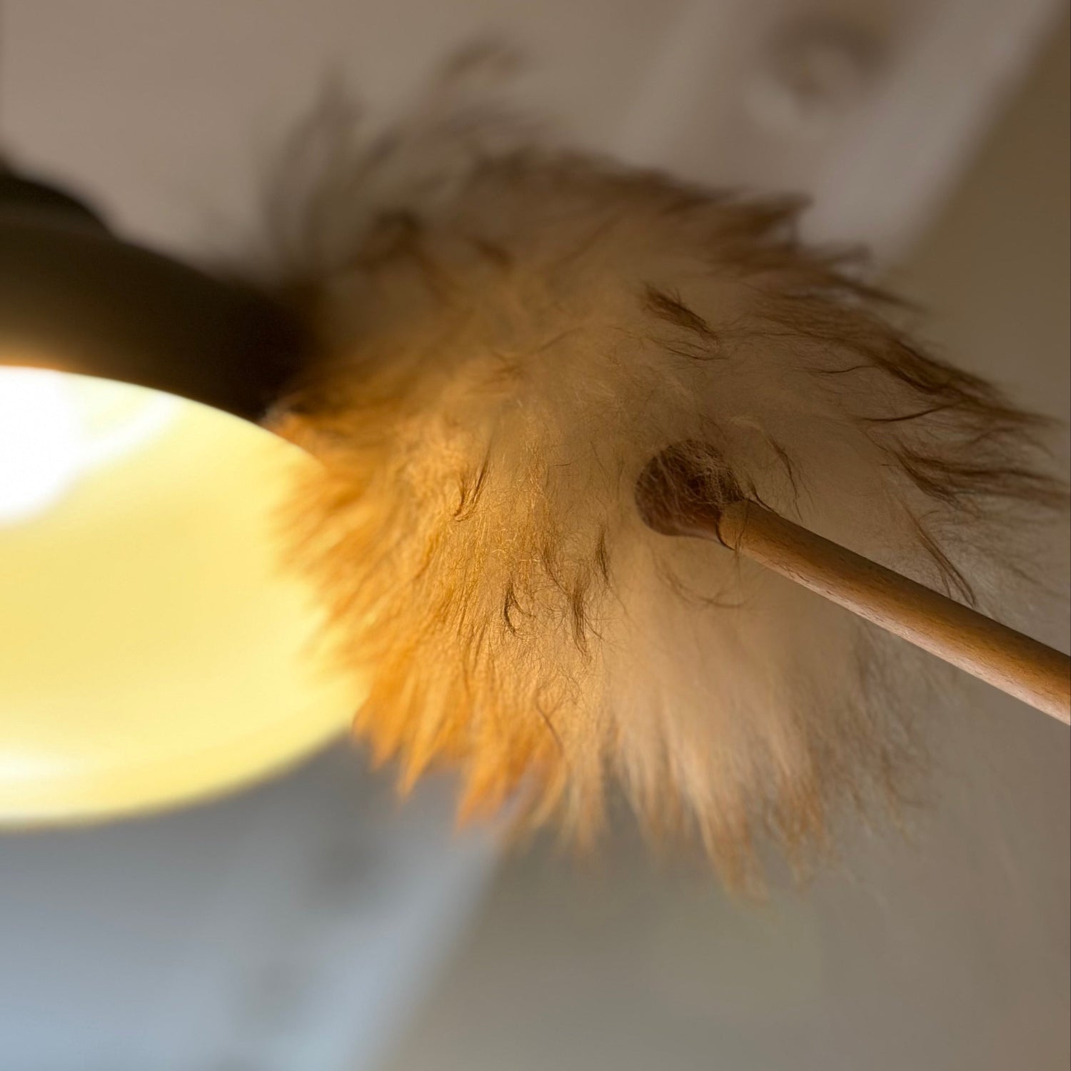 Duster cleaning a light fixture with a blurred background