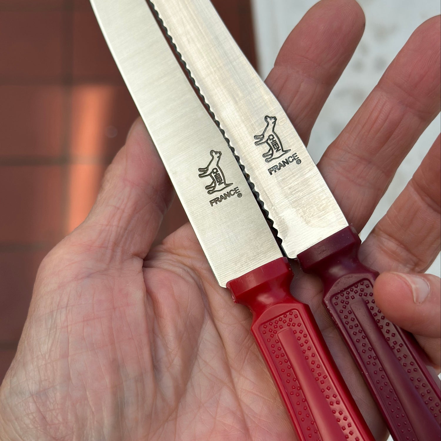 Le Chien knives serrated and straight in hand