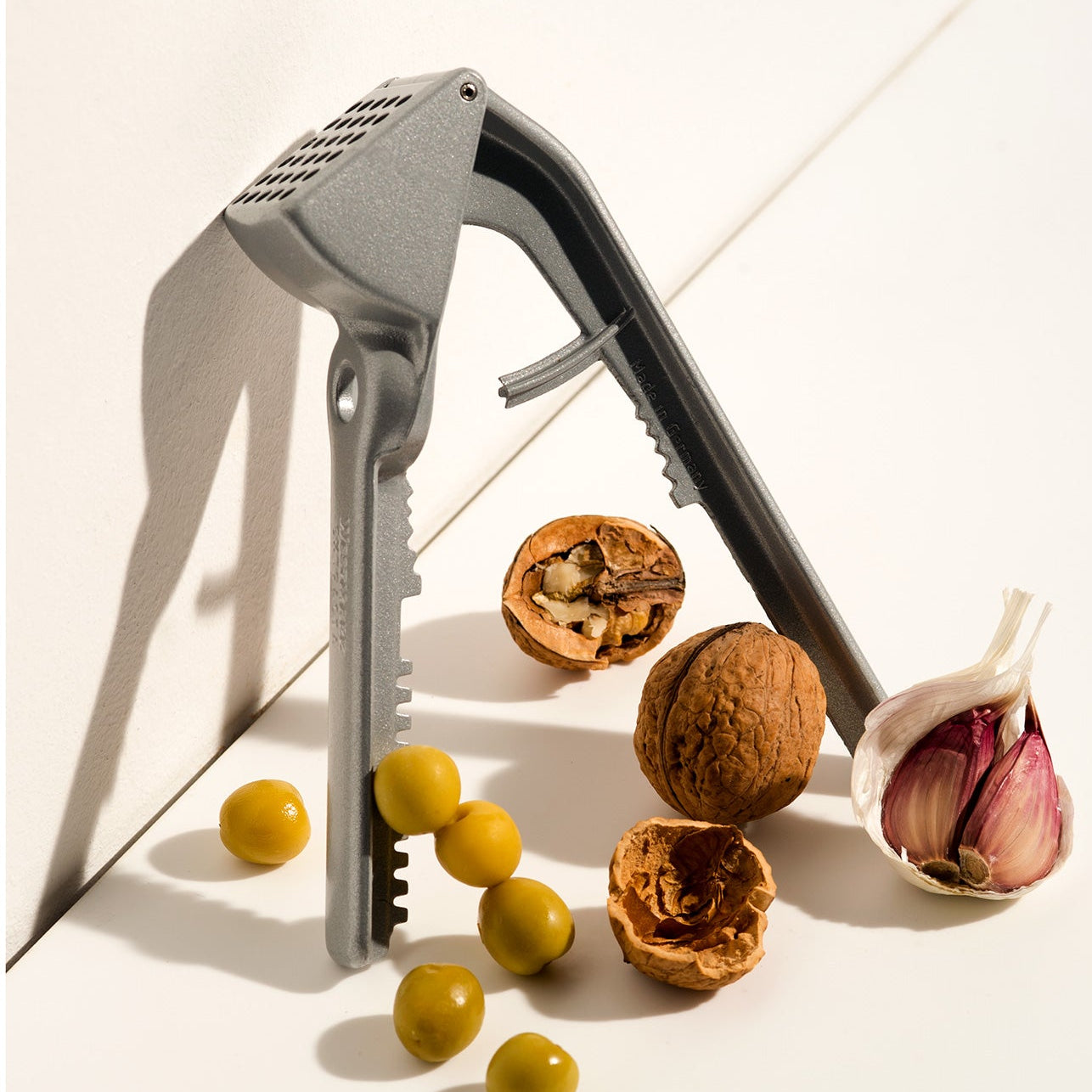 Gray kitchen tool with walnuts, lemons, and garlic on a light background