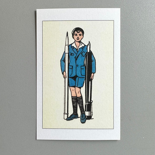 Illustration of a person in a blue uniform holding giant pen and pencil on a beige background.