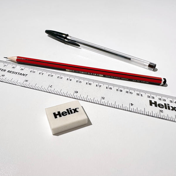 Pencil, pen, rubber, ruler