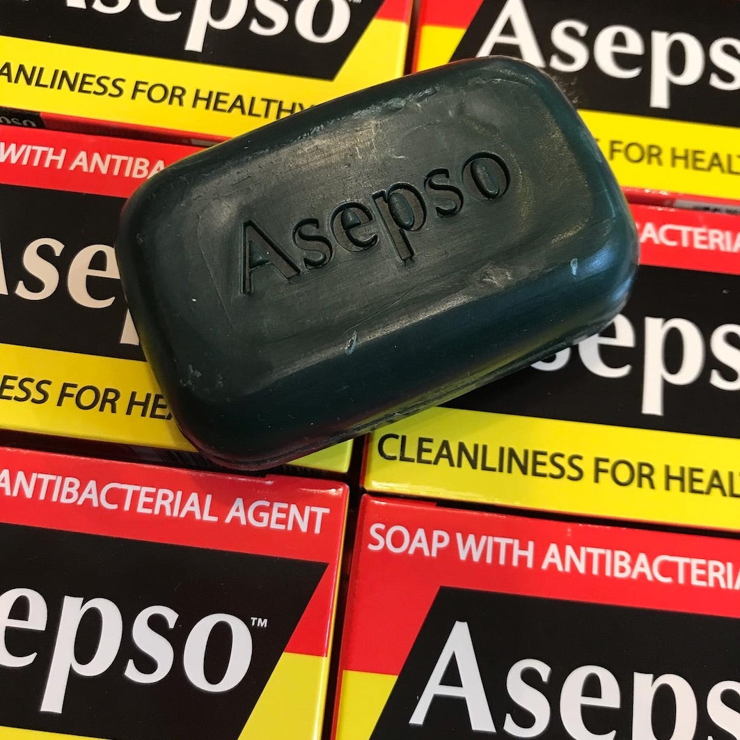 Asepso soap bar and background packaging