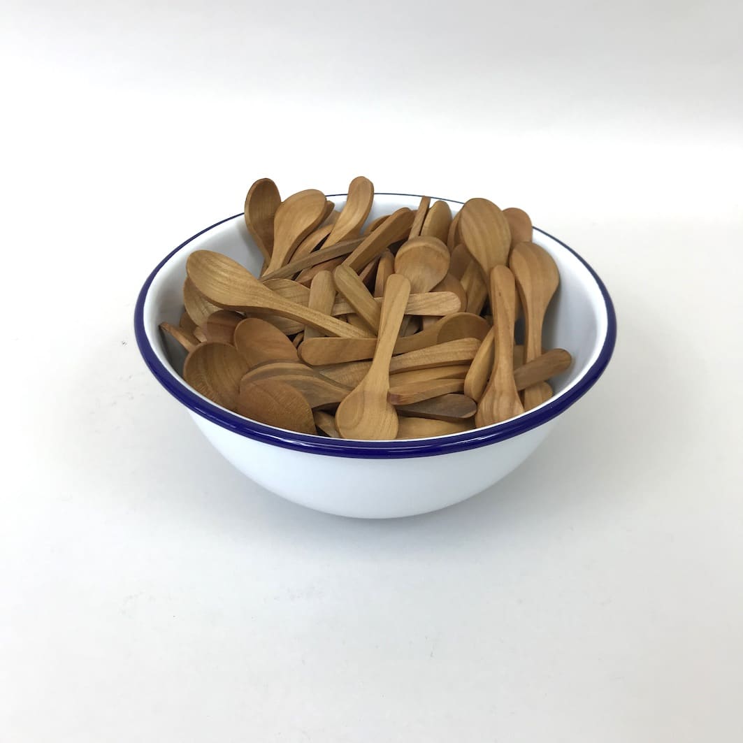 Bowl of tiny wooden salt spoons 8cm