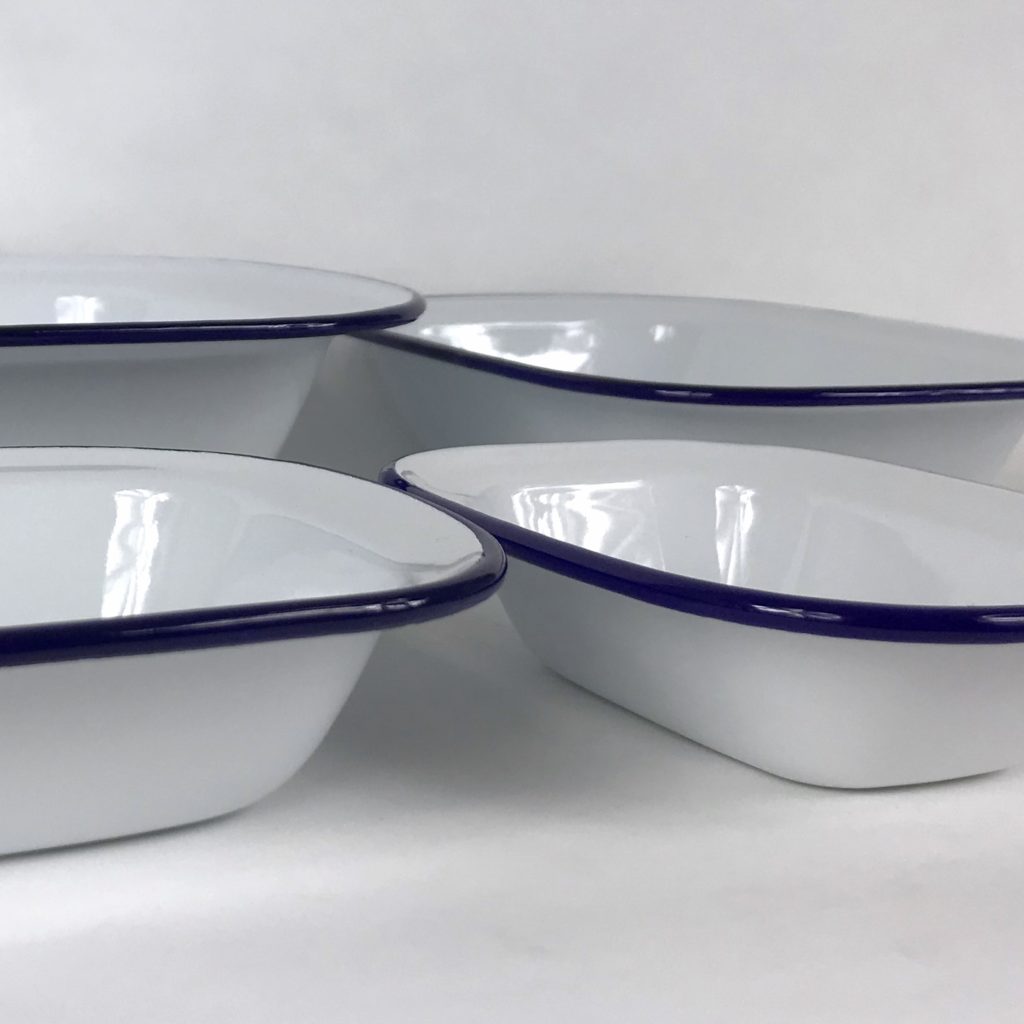 Enamel pie dishes side view