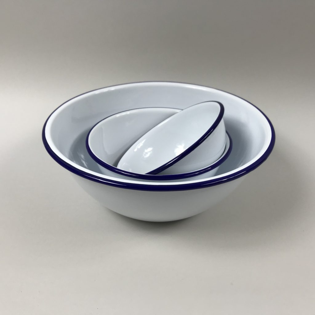Blue and white enamel mixing and cereal bowls 3 sizes stacked